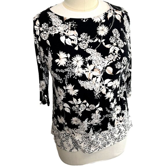 J. Jill - Women's M Tunic Top Stretch Black White Brown Floral Crewneck Petite - Picture 2 of 13